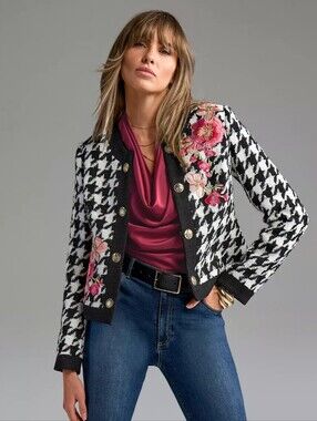 Boston Proper Black & White Houndstooth Jacket with Pink Floral Embroidery
